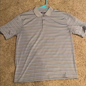 Gray and blue golf shirt.